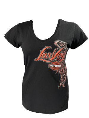 Women's Black Las Vegas Harley V-Neck Tshirt w &  Orange Wings