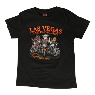 kids' black shortsleeved cotton Harley-Davidson tshirt with orange bar and shield on back & cartoon dogs and cats riding bikes on front