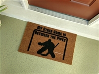 My Other Home is Between the Pipes Hockey Custom Sports Handpainted Welcome Doormat by Killer Doormats