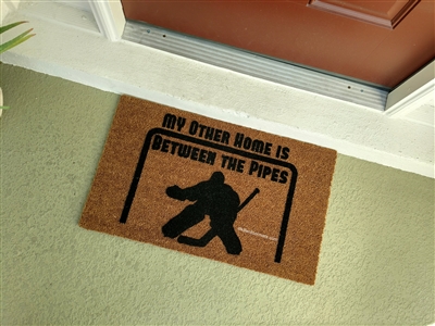 My Other Home is Between the Pipes Hockey Custom Sports Handpainted Welcome Doormat by Killer Doormats