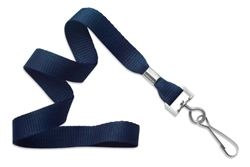 Navy blue 5/8" (16 mm) flat ribbed polyester lanyard w/ nickel-plated steel swivel hook. Lanyard material is ribbed for a comfortable fit. 36" (914 mm) cut length prior to assembly. Comes with a crimp finishing option. Minimum order 100 pieces. (QTY 100)