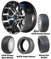 14" Omega Machined & Black Wheels with Low Profile Golf Cart Tire
