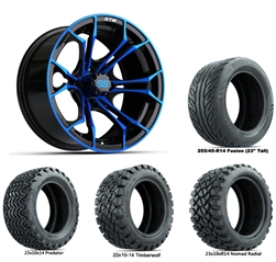 14x7 GTW Spyder Blue/Black Wheels with Lifted Golf Cart Tire