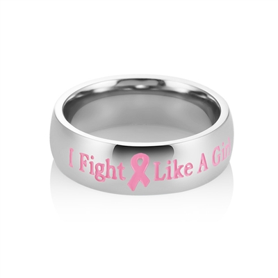 "I Fight Like a Girl" Stainless Steel Pink Ribbon Ring