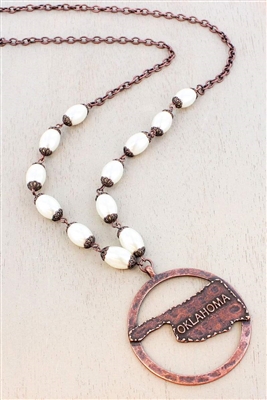 Worn Coppertone Encircled Oklahoma Pendant Pearl Bead Necklace