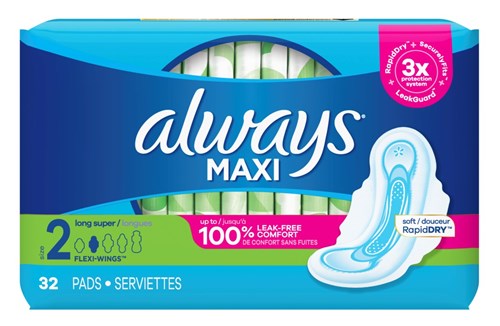 Always Pads Size 2 Maxi 32 Count Long Super 9 Hour (51515)<br><br><br>Case Pack Info: 6 Units