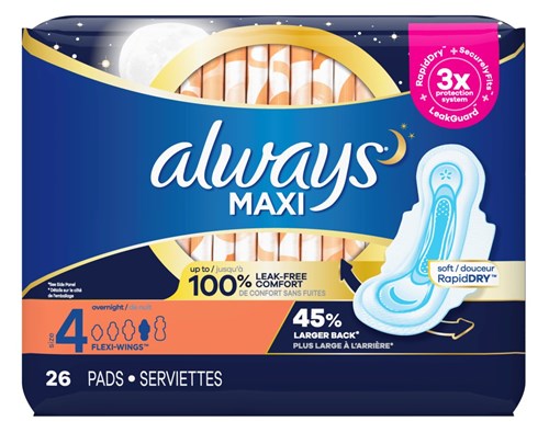 Always Pads Size 4 Maxi 26 Count Overnight (51519)<br><br><br>Case Pack Info: 6 Units