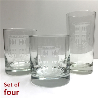 Etched Glasses with School Shield and logo.