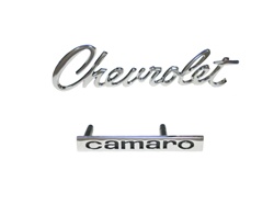 1967 Emblems Set for Header Panel or Trunk Deck Lid, Chevrolet and Camaro Logos, 2 Pieces