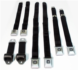 1970 Camaro Black Seat Belt Set, Front and Rear, Deluxe Buckles