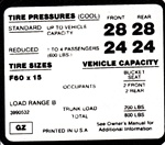 1971 - 1972 Camaro Z28 Tire Pressure Decal, F60 x 15 GZ Code