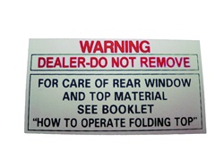 Convertible Top Warning Decal Sticker Tag