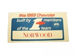 1969 Camaro Built By The Number 1 Team, Norwood Dash Window Card