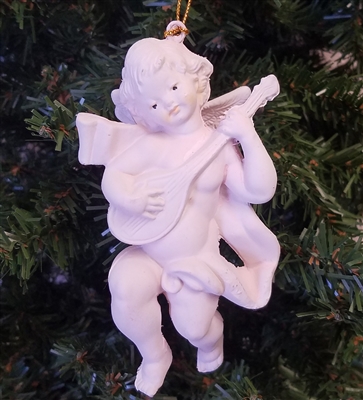 5" Faux Ceramic Plaster Cherub Angel with Guitar Christmas Ornament