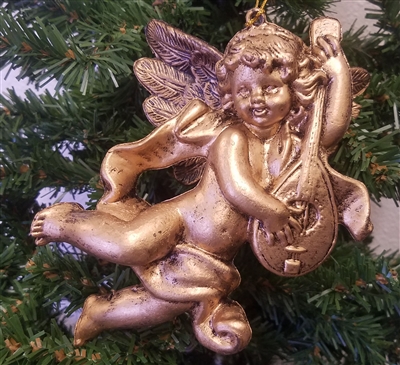 6" Antiqued Gold Cherub Angel with Guitar Christmas Ornament