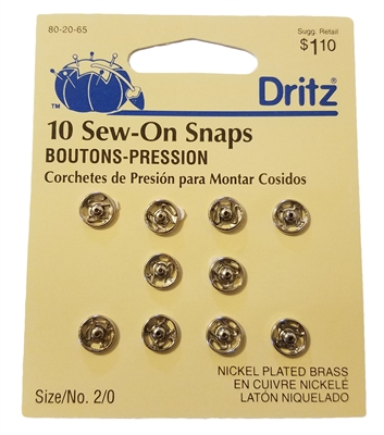 Dritz Sew-On Snaps, Size/No. 2/0, 10 per card