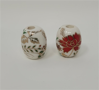 20mm Oval Red & White Floral Painted Ceramic Beads, 4 ct