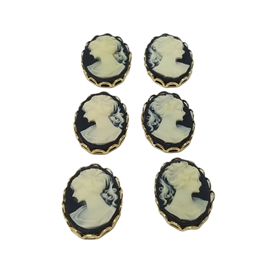 13mm x 18mm Resin Victorian Lady Cameos with Gold Lace Filigree Settings, Pack of 6
