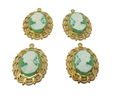 13mm x 18mm Resin Victorian Lady Cameos with Gold Lace Filigree Oval Frame Settings, Pack of 4