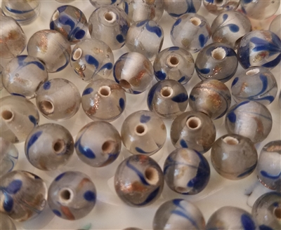 8mm Round Clear with Blue & Gold Leaf Design Glass Beads, 8ct Bag