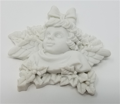 2-1/2" Alabaster Resin Cherub Angel with Holly Christmas Plaque