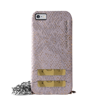 Puro Glam for iPhone 6 Plus Silver Chain Ecoleather Grey Cover 2 Card Slots