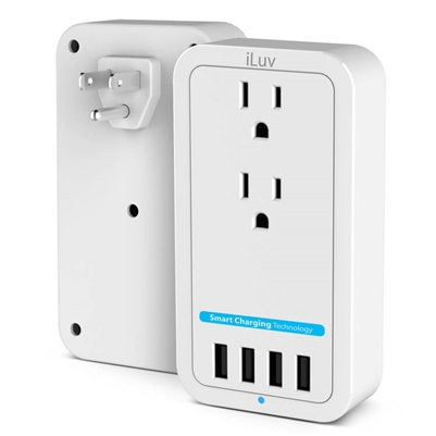 iLuv Rockwall Power 2 Outlet Wall Charger w/4 USB charging Ports