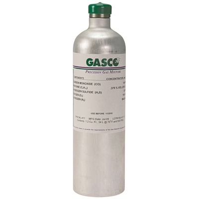 GASCO 34L-428-20 60ppm Carbon Monoxide, 58% LEL Pentane Stimulant, 20ppm Hydrogen Sulfide, 15% Oxygen, Balanced Nitrogen Calibration Gas