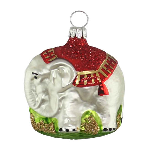 German Blown Glass White & Red Elephant Ornament