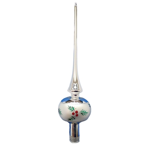 XL European Blown Glass Silver Mistletoe & Holly Tree Topper Finial