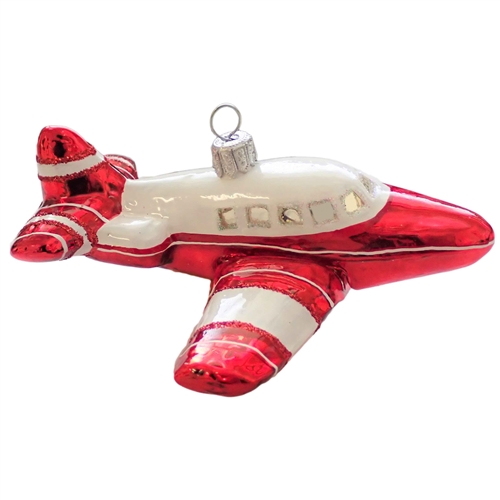 Private Jet Airplane Blown Glass Ornament Red / White