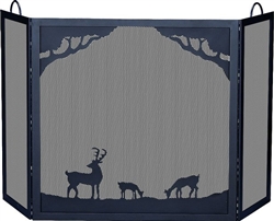 UniFlame S-1333 Deluxe 3 Panel Black Wrought Iron Screen with Deer in Forest Scene