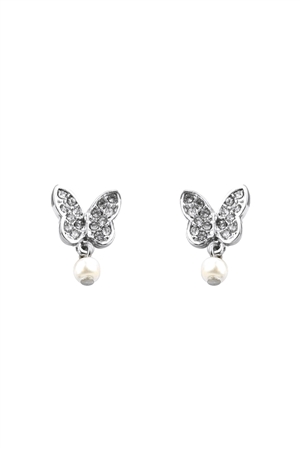 S7-6-5-27625WH-R - BUTTERFLY PEARL DANGLE EARRINGS - WHITE SILVER/1PC (NOW $1.25 ONLY!)