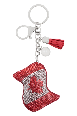 S17-12-2-31624-CA-R - CANADA FLAG SUEDE RHINESTONE KEYCHAIN - SILVER/6PCS