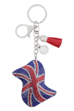 S17-12-2-31624-UK-R - UNITED KINGDOM SUEDE RHINESTONE KEYCHAIN -  SILVER/6PCS