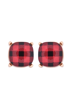 S20-9-2-AE0088GD-CK1-GLASS CUSHION POST EARRINGS-PLAID RED /1PC