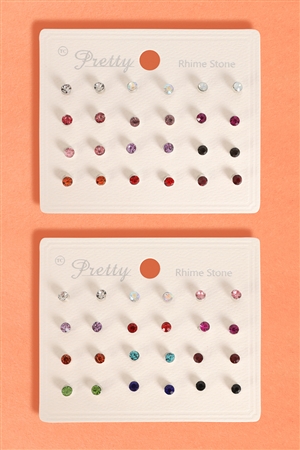 S28-1-4-ANE5853M - 12 PAIRS RHINESTONE STUD EARRING SET-MULTICOLOR/12PCS