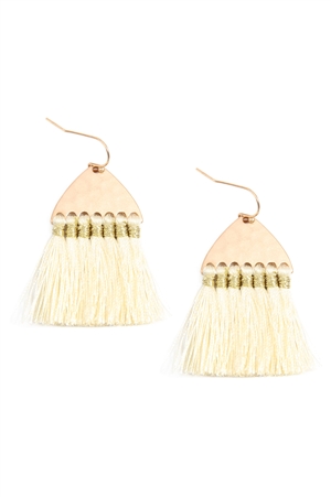 A2-4-2-B2E2783IV - THREAD TASSEL WITH HAMMERED METAL HOOK EARRINGS - IVORY/1PC