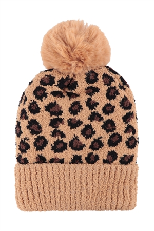 S28-6-6-CH1906CAM - LEOPARD DOUBLE BEANIE - CAMEL/1PC