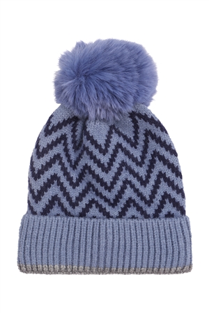 S2-6-2-CH3906BLU - KNITTED CHEVRON PRINT POMPOM BEANIE-BLUE/1PC