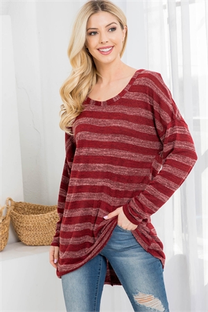 S4-7-3-T5819 BURGUNDY ROUND NECK STRIPE PRINT THROUGHOUT CROCHET BACK DETAIL LONG SLEEVE TOP 2-2-2