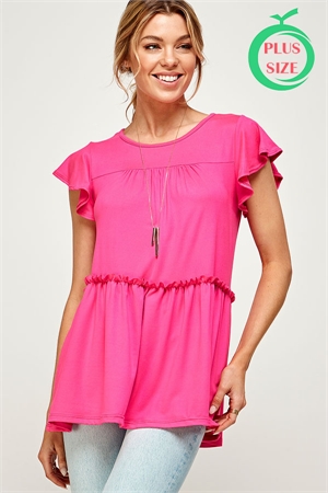 C80-A-2-MT2524X FUCHSIA ROUND NECK RUFFLE SHORT SLEEVE PLUS SIZE TOP 2-2-2