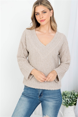 C78-A-2-S1169 TAUPE DEEP V-NECKLINE KNITTED LONG SLEEVE SWEATER 2-2-2