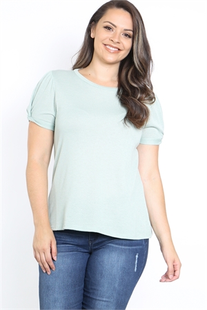 C82-A-2-T16151X SAGE ROUND NECKLINE SIDE TIE TWIST SLEEVE WAFFLE FABRIC PLUS SIZE TOP 3-2-1