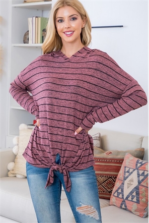 C84-A-3-BD1154-MARSALA LONG SLEEVE STRIPE HOODIE HACCI TIE FRONT TOP 1-2-2