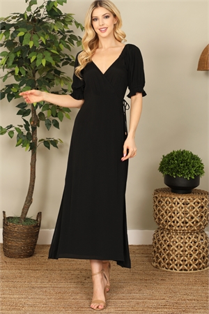 S8-5-1-D2200709-BLACK WRAP PUFF SLEEVE SIDE SLIT SOLID MIDI DRESS 2-2-1  (NOW $ 6.75 ONLY!)