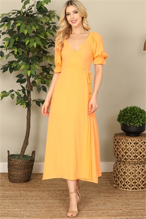 S7-2-1-D2200709-TANGERINE WRAP PUFF SLEEVE SIDE SLIT SOLID MIDI DRESS 2-2-1  (NOW $ 6.75 ONLY!)
