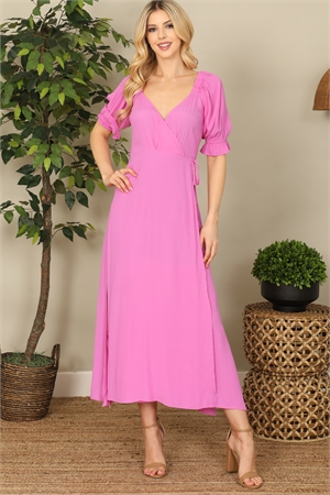 S7-1-1-D2200709-LAVENDER WRAP PUFF SLEEVE SIDE SLIT SOLID MIDI DRESS 2-2-1  (NOW $ 6.75 ONLY!)