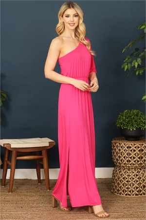 C72-A-2-D5034-HOT PINK ONE SHOULDER ELASTIC WAIST SIDE SLIT SOLID MAXI DRESS 2-2-2-2