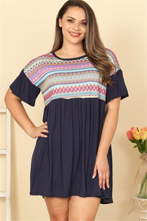 C88-A-2-D3992X-NAVY PLUS SIZE RUFFLE SLEEVE CONTRAST PRINTED MINI DRESS DRESS 2-2-2